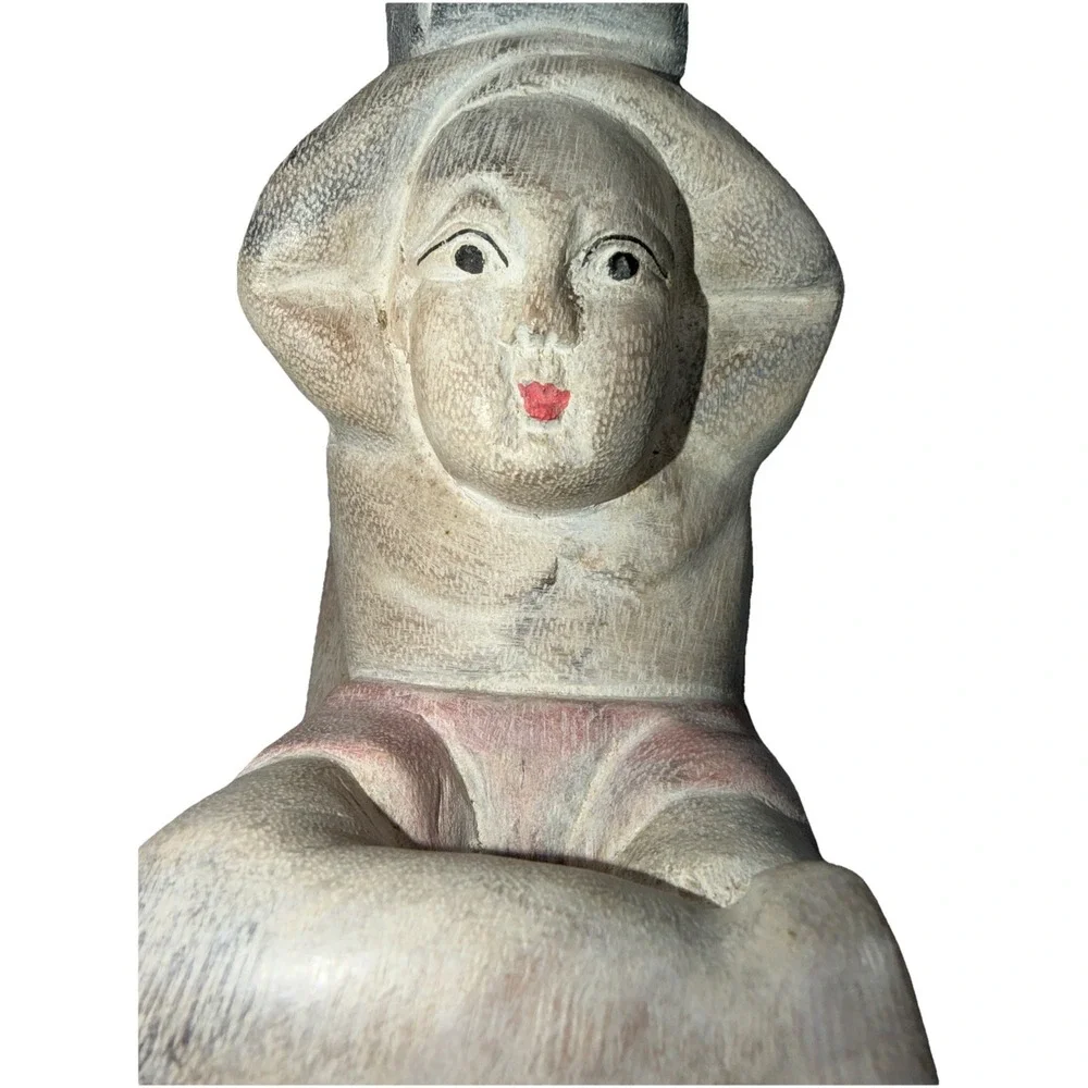 Vintage Carved Wood Figurine Asian Man Good Luck Candle Flower Holder Tabletop - Picture 7 of 8